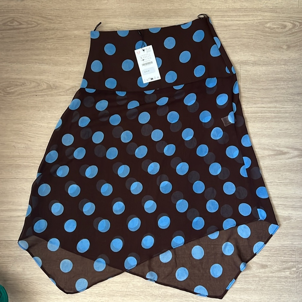 Zara Polka Dot Asymmetric Skirt // NWT BLUE-BROWN - Picture 2 of 6